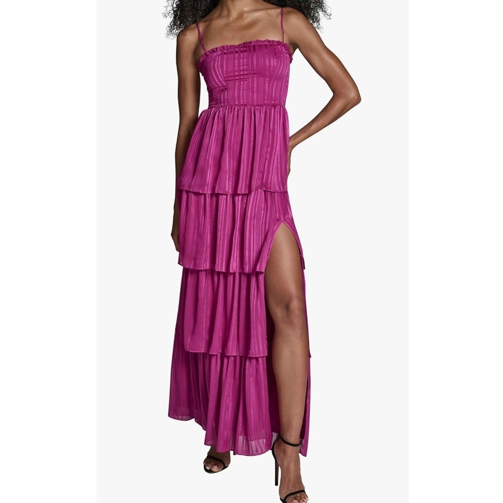 NEW BCBG Maxi Dress Magenta Womens 8 Tiered Shimmer Ruffle Gown Formal Glam